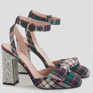 J. Crew Multicolor Plaid Heels with Silver Glitter Block